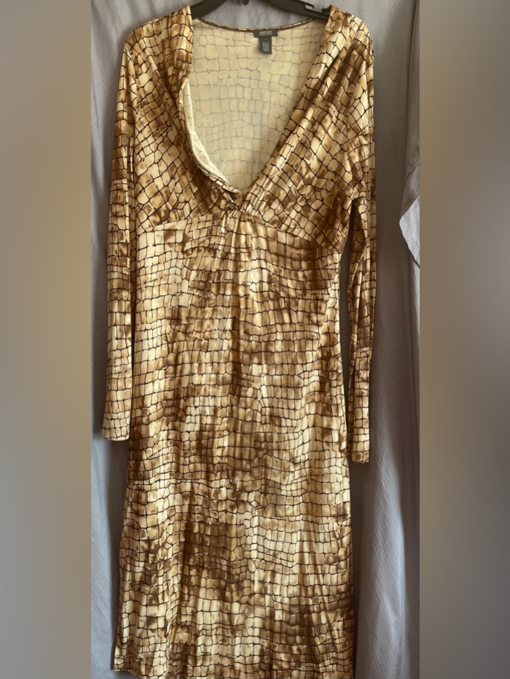 Kenneth Cole Reaction Gold Croc-Print Long Sleeve V-Neck Dress